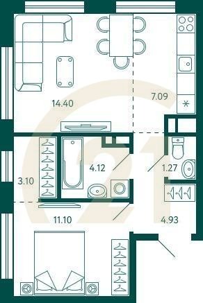1-комн, 46.01 м², 17 этаж