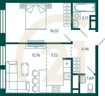 1-комн, 47.02 м², 12 этаж