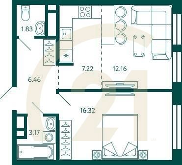 1-комн, 47.16 м², 5 этаж