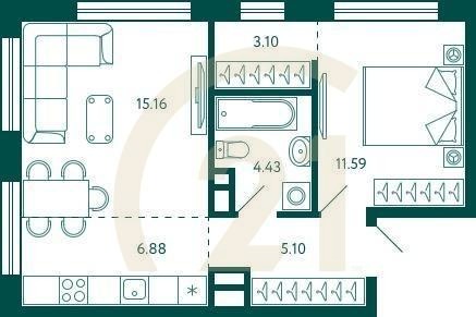 1-комн, 46.26 м², 5 этаж