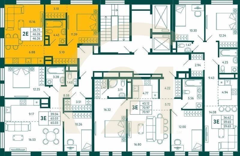 1-комн, 46.26 м², 5 этаж