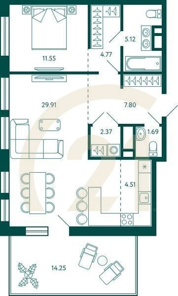 1-комн, 72 м², 13 этаж