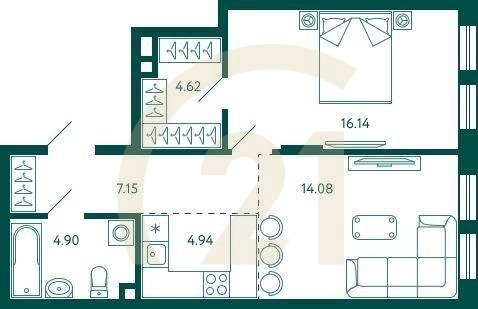 1-комн, 51.83 м², 2 этаж
