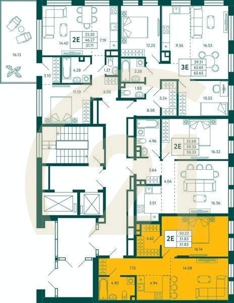 1-комн, 51.83 м², 2 этаж