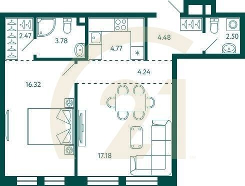 1-комн, 55.74 м², 2 этаж