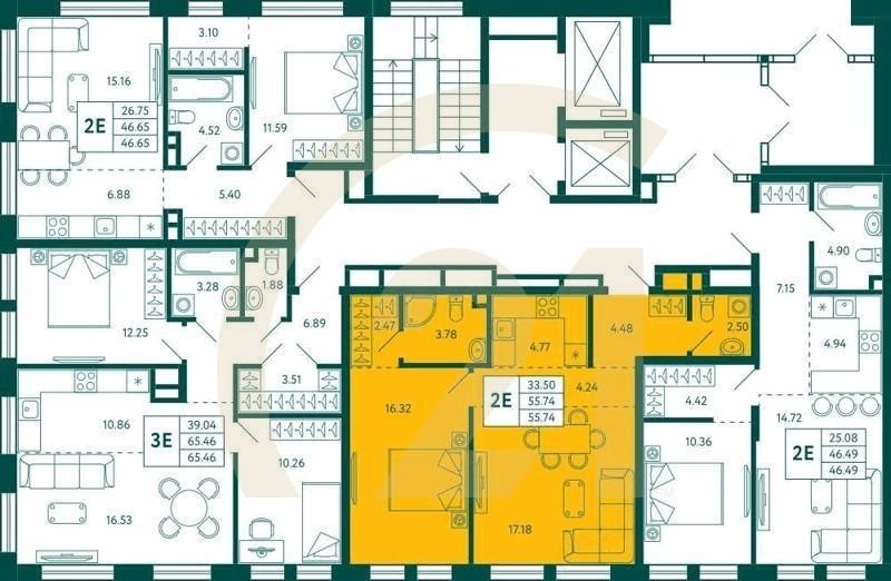 1-комн, 55.74 м², 2 этаж