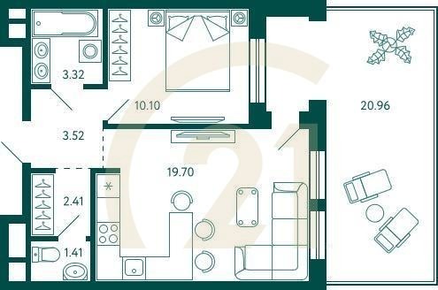 1-комн, 46.75 м², 2 этаж