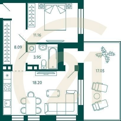 1-комн, 46.51 м², 2 этаж