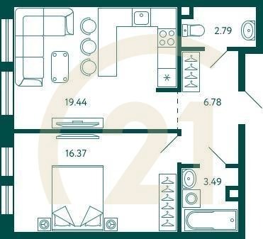 1-комн, 48.87 м², 2 этаж