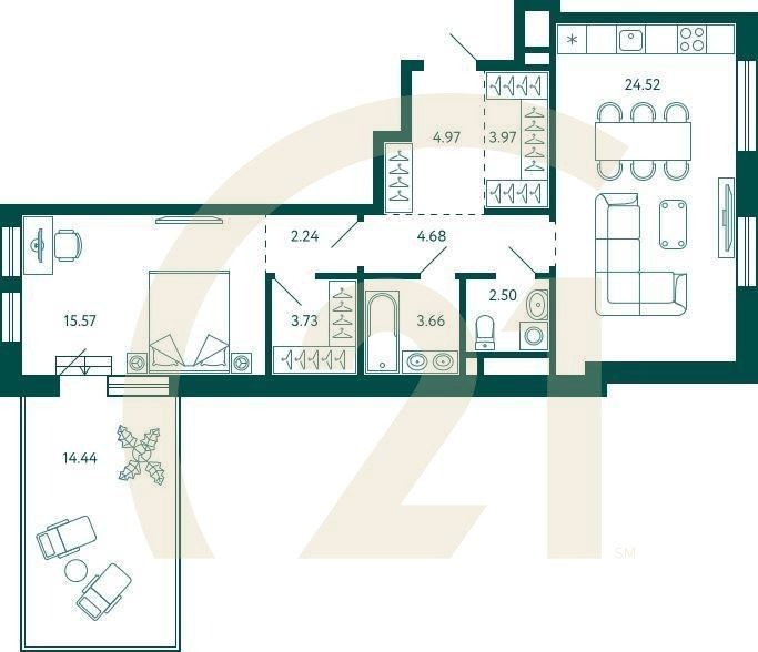 1-комн, 70.17 м², 15 этаж