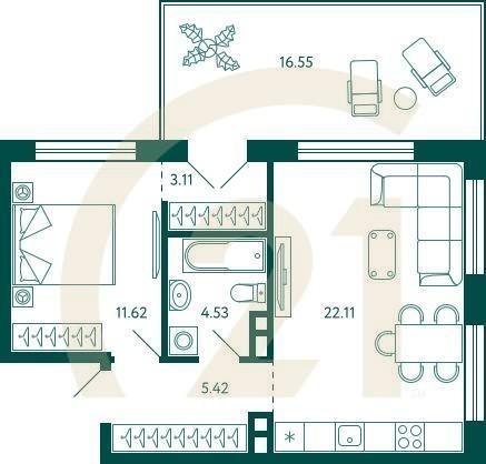 1-комн, 51.75 м², 2 этаж