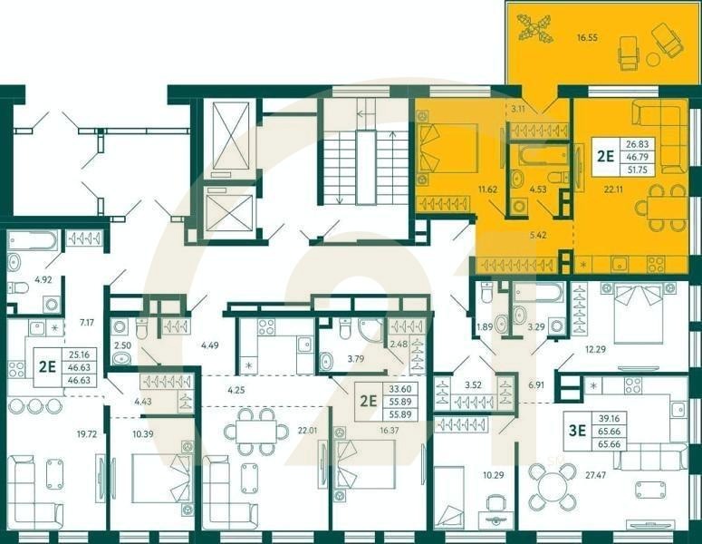 1-комн, 51.75 м², 2 этаж