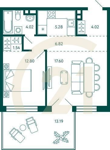 1-комн, 56.04 м², 2 этаж