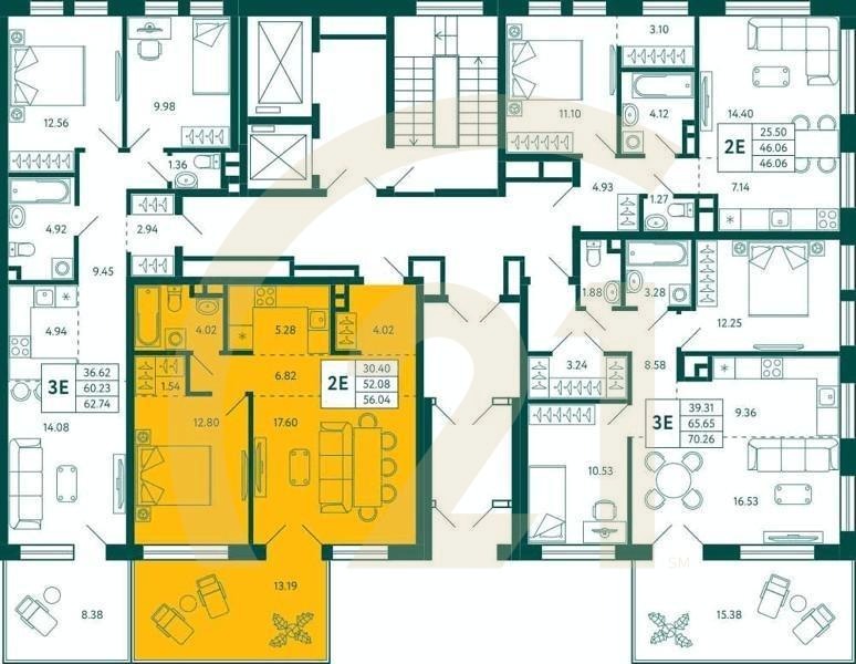 1-комн, 56.04 м², 2 этаж