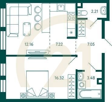 1-комн, 48.44 м², 2 этаж
