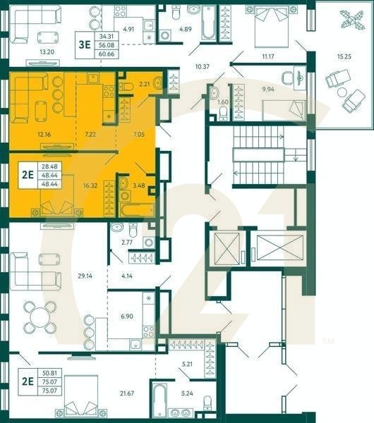 1-комн, 48.44 м², 2 этаж