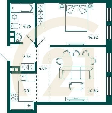 1-комн, 50.33 м², 2 этаж