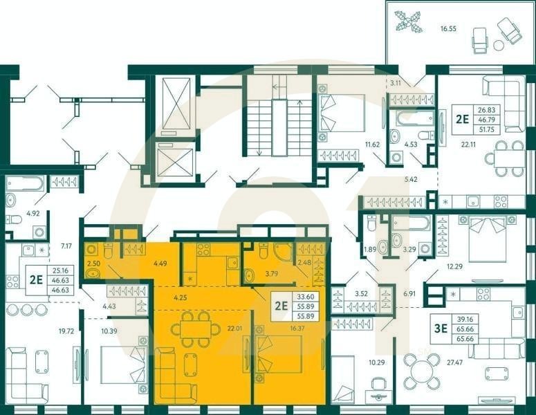 1-комн, 55.89 м², 2 этаж