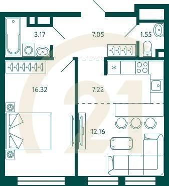 1-комн, 47.47 м², 13-15 этаж