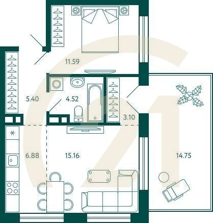 1-комн, 51.08 м², 2 этаж