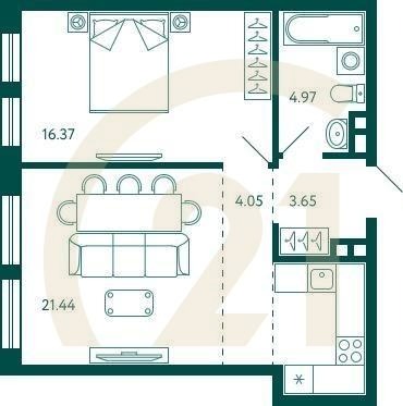 1-комн, 50.48 м², 2 этаж