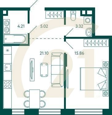 1-комн, 49.51 м², 2 этаж