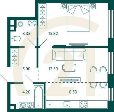 1-комн, 49.4 м², 2 этаж