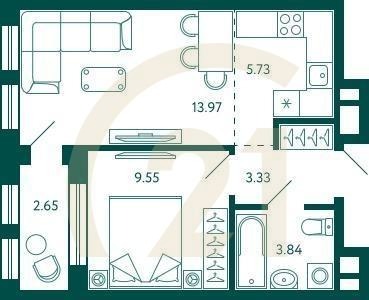 1-комн, 37.74 м², 26 этаж