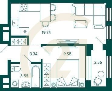 1-комн, 37.8 м², 2 этаж