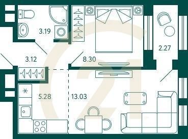 1-комн, 34.05 м², 5-27 этаж