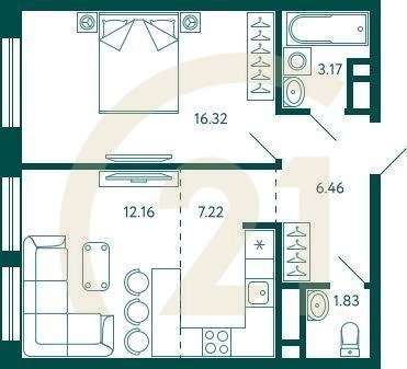 1-комн, 47.16 м², 10 этаж