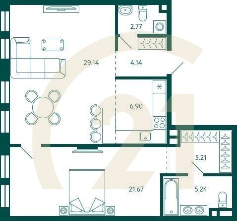 1-комн, 75.07 м², 2 этаж