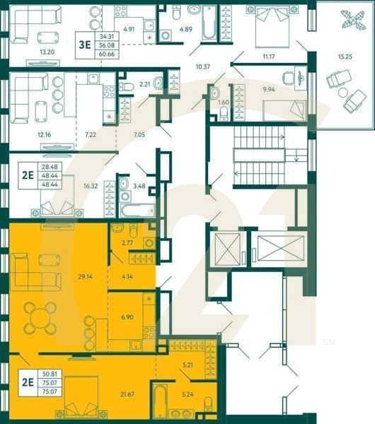 1-комн, 75.07 м², 2 этаж