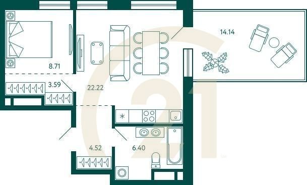 1-комн, 49.68 м², 13 этаж