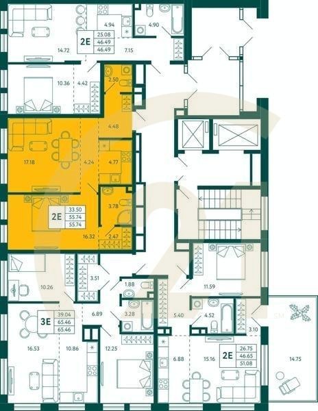 1-комн, 55.74 м², 2 этаж