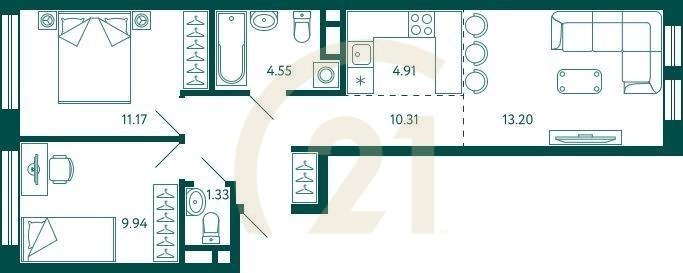 2-комн, 55.41 м², 3 этаж