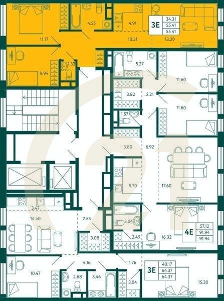 2-комн, 55.41 м², 3 этаж