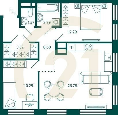 2-комн, 65.34 м², 3 этаж