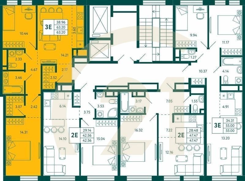 2-комн, 63.2 м², 14 этаж