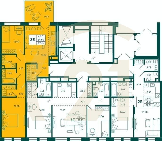 2-комн, 67.44 м², 2 этаж