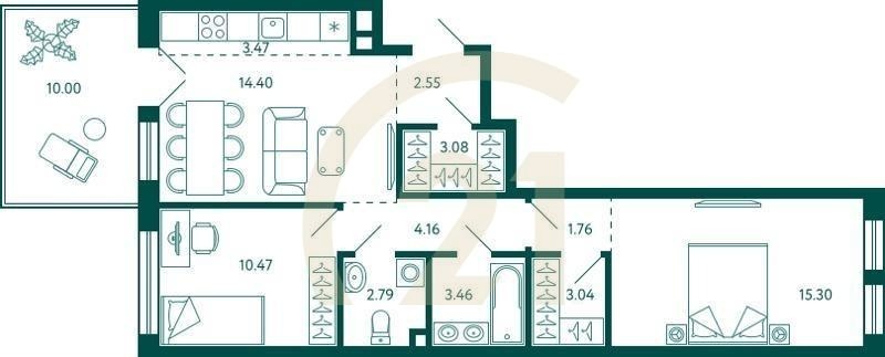 2-комн, 67.66 м², 2 этаж