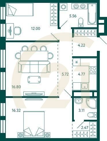 2-комн, 70.97 м², 9 этаж