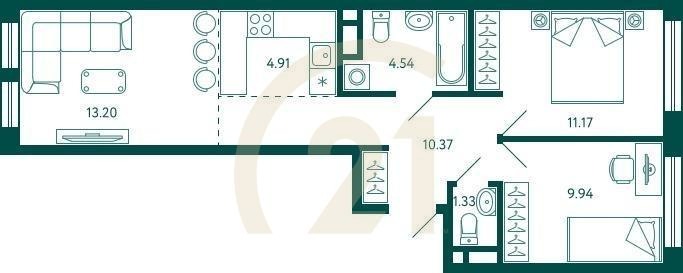 2-комн, 55.46 м², 4 этаж