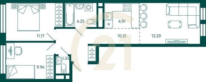 2-комн, 55.11 м², 10 этаж