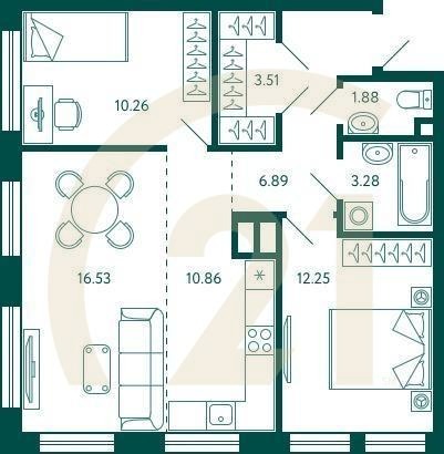2-комн, 65.46 м², 2 этаж