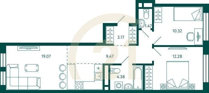 2-комн, 60.16 м², 10-15 этаж