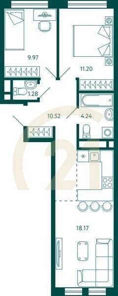 2-комн, 55.38 м², 10 этаж