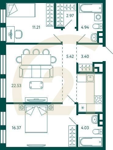 2-комн, 70.87 м², 11-16 этаж