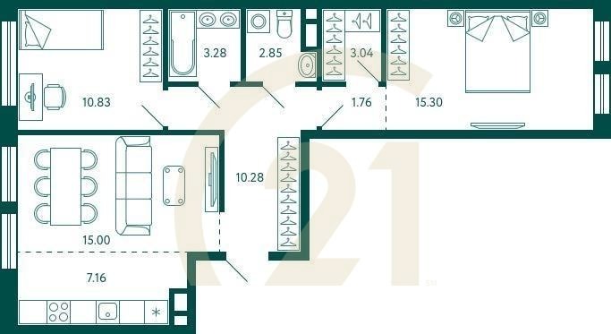 2-комн, 69.5 м², 3 этаж