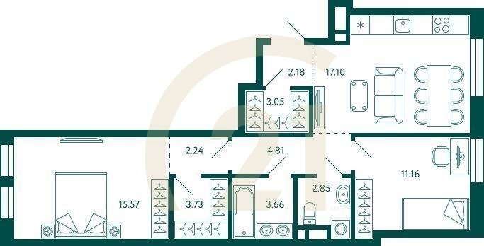 2-комн, 66.35 м², 3 этаж